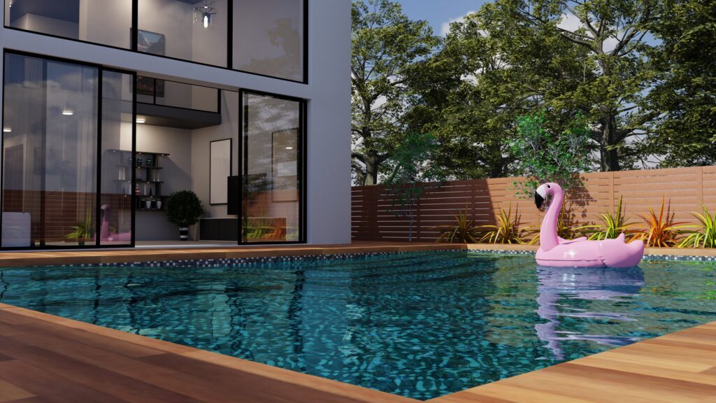 3D illustration. A small private swimming pool in the backyard of a luxury villa.
